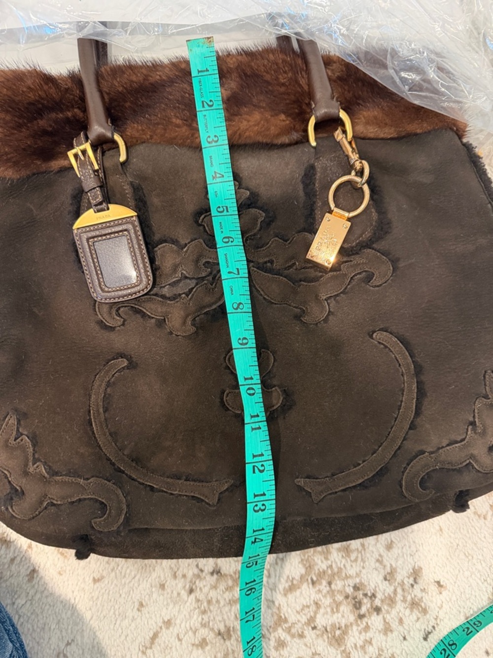 Prada Brown Suede Tote with Mink Fur Trim and Gold Hardware - Picture 8 of 15